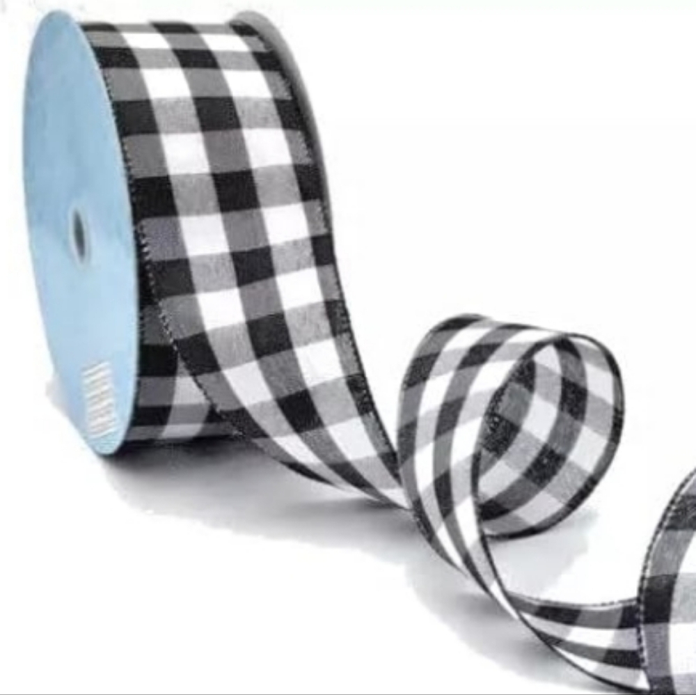 Kirkland Signature Gingham Black White Checker Wired Edge Ribbon, 50 Yds